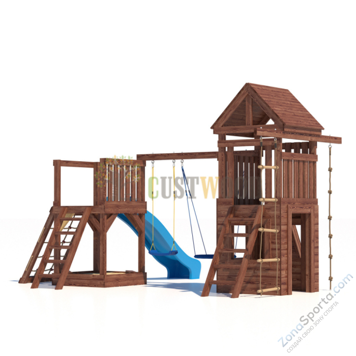 Детская деревянная игровая площадка для улицы дачи CustWood Scout SC9 с деревянной крышей